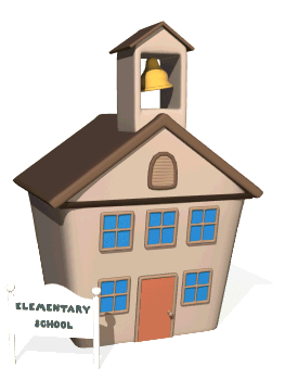 Beżowa szkoła z niebieskimi oknami